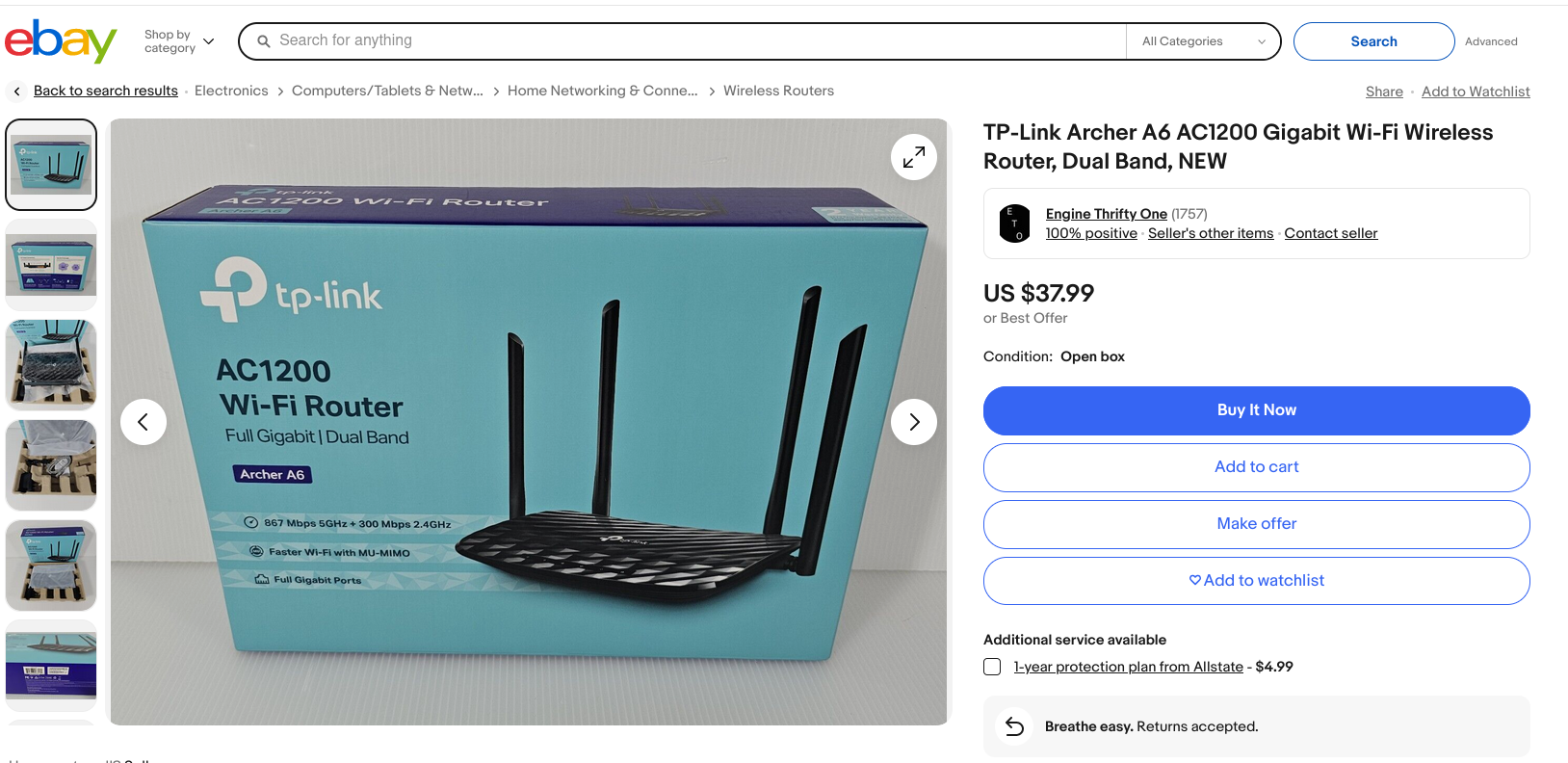 Screenshot of &ldquo;TP-Link Archer A6 AC1200 Gigabit Wi-Fi Wireless Router, Dual Band, NEW&rdquo; eBay page, with price listed as US $37.99