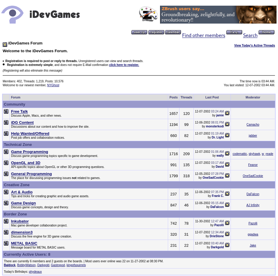 Screenshot of the iDevGames forum threads circa 2002