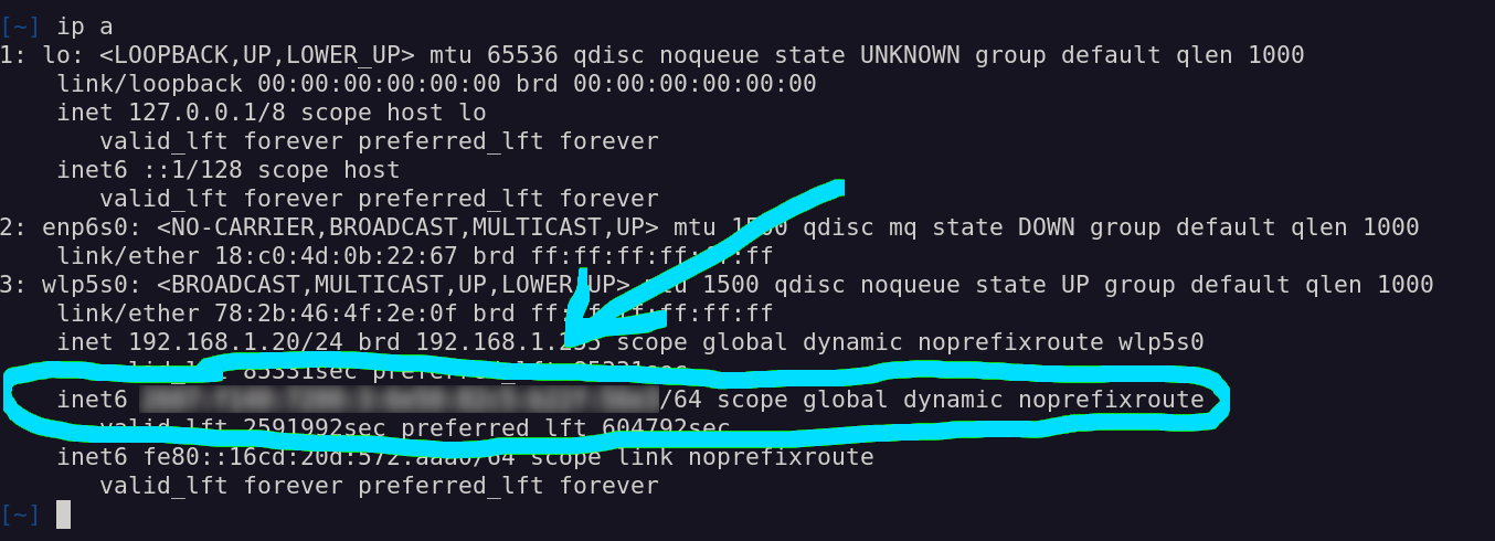 Screenshot of ip a command showing an IPv6 address