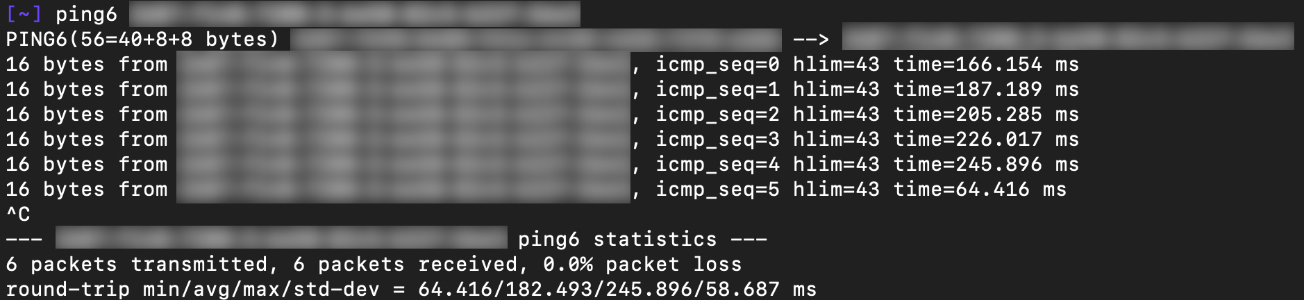 Screenshot of ping6 receiving responses for the IPv6 address