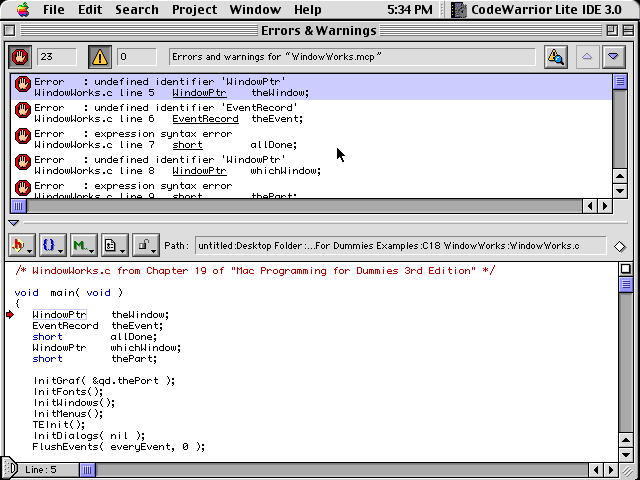 Screenshot of CodeWarrior compiler errors showing &ldquo;undefined identifier&rdquo;