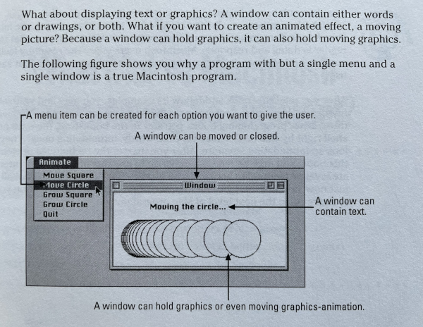 Picture of a screenshot in the book showing a menu item &ldquo;Move Circle&rdquo; and a window with a circle