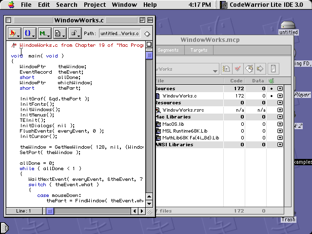 Screenshot of CodeWarrior with source code for WindowWorks.c