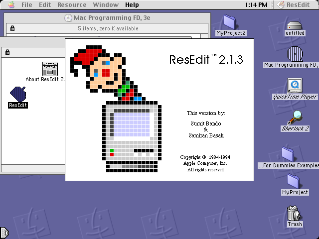 Screenshot of the ResEdit splash screen, with a pixelated Jack-in-the-Box from the top of a computer