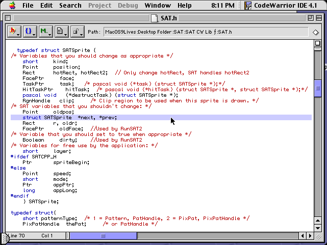 Screenshot of SAT.h in CodeWarrior, with the “next” and “prev” pointers highlighted