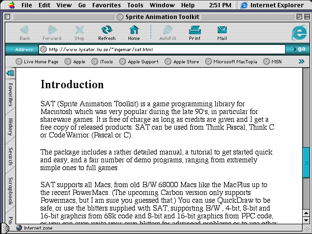 Screenshot of the Sprite Animation Toolkit website in Internet Explorer 5 on Mac OS 9