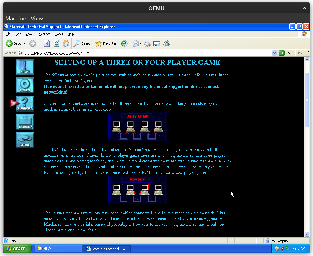 Starcraft documentation page titled “SETTING UP A THREE OR FOUR PLAYER GAME” showing diagrams of four computers connected in a chain by serial cables.