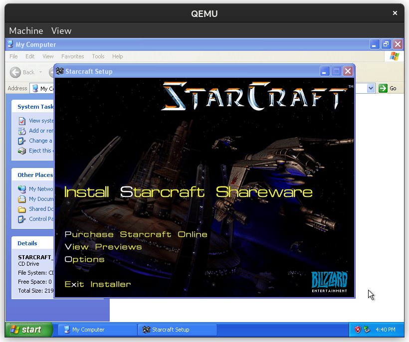 Installing Starcraft on Windows XP running in qemu
