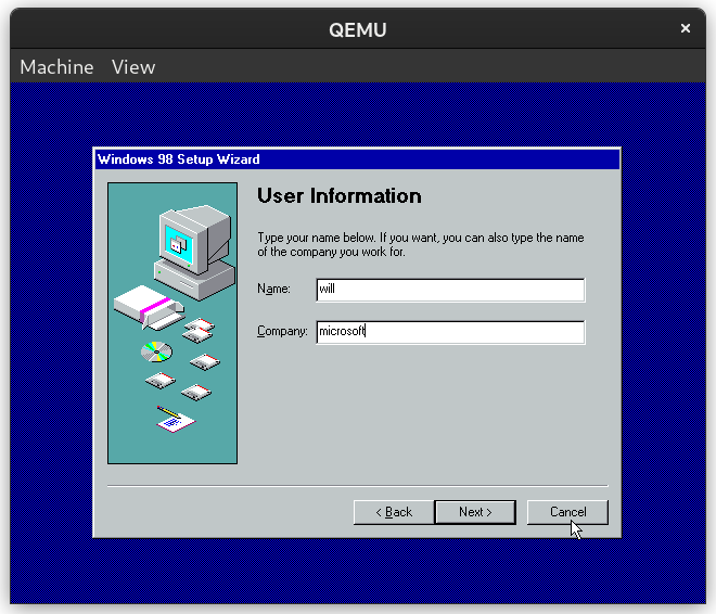 Configuring the user as “will” and company as “microsoft” in the Windows 98 setup wizard