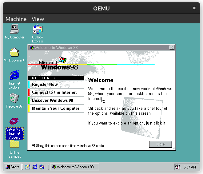 The Windows 98 welcome screen says “Welcome to the exciting new world of Windows 98, where your computer desktop meets the Internet.”