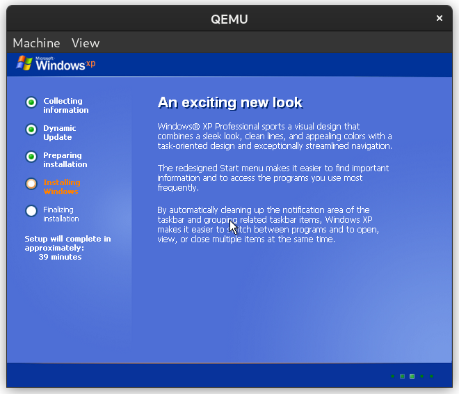 Windows XP installer screen describing its “exciting new look”